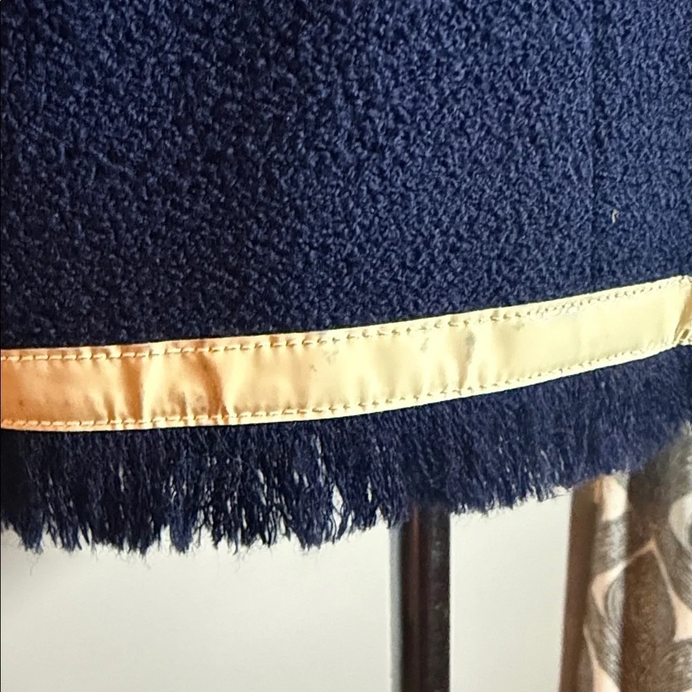Vintage CHANEL Navy Tweed Fringed Jacket with Cream Vinyl Trim SZ40